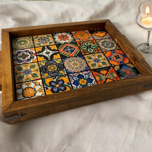 Wooden Serving Tray with Turkish Ceramic Tiles | Boho Coffee Table Decor | Rustic Kitchen & Home Gift