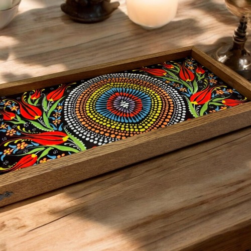 Wooden Serving Tray with Turkish Ceramic Tiles | Boho Coffee Table Decor | Rustic Kitchen & Home Gift