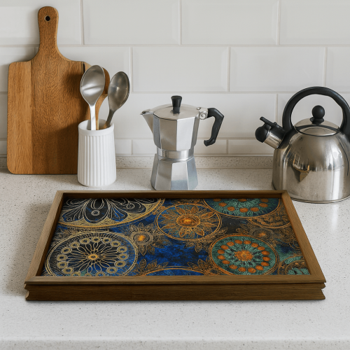 Mandala Tile Serving Tray: Boho Rustic Wood Home Decor