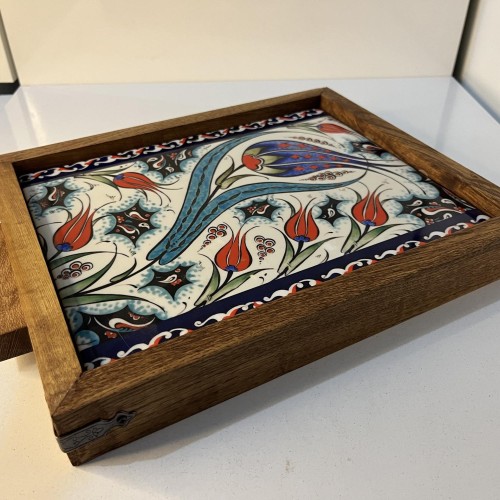 Wooden Serving Tray with Turkish Ceramic Tiles | Boho Coffee Table Decor | Rustic Kitchen & Home Gift