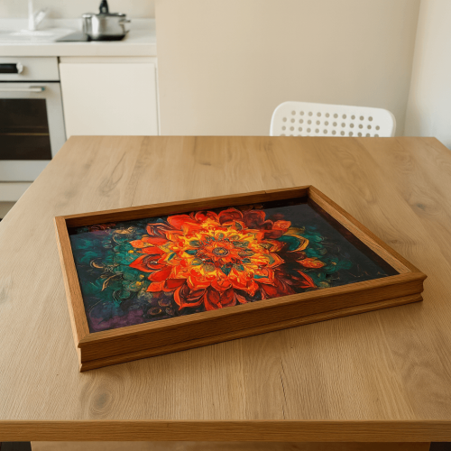 Mandala Tile Serving Tray: Boho Rustic Wood Home Decor