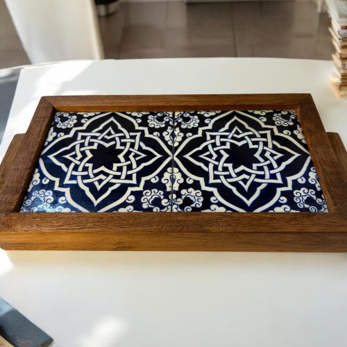 Wooden Serving Tray with Turkish Ceramic Tiles | Boho Coffee Table Decor | Rustic Kitchen & Home Gift