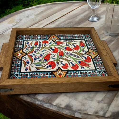 Wooden Serving Tray with Turkish Ceramic Tiles | Boho Coffee Table Decor | Rustic Kitchen & Home Gift