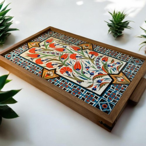Wooden Serving Tray with Turkish Ceramic Tiles | Boho Coffee Table Decor | Rustic Kitchen & Home Gift