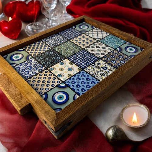 Wooden Serving Tray with Turkish Ceramic Tiles | Boho Coffee Table Decor | Rustic Kitchen & Home Gift