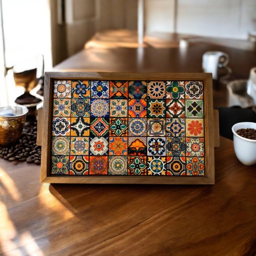 Wooden Serving Tray with Turkish Ceramic Tiles | Boho Coffee Table Decor | Rustic Kitchen & Home Gift