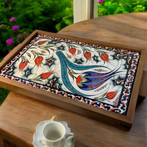 Wooden Serving Tray with Turkish Ceramic Tiles | Boho Coffee Table Decor | Rustic Kitchen & Home Gift
