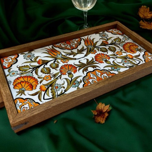 Wooden Serving Tray with Turkish Ceramic Tiles | Boho Coffee Table Decor | Rustic Kitchen & Home Gift
